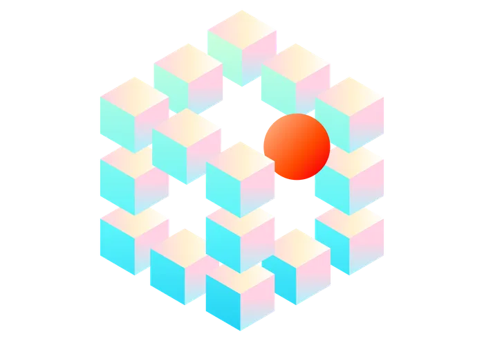 An abstract illustration of a 3D cube with a red circle in the top right