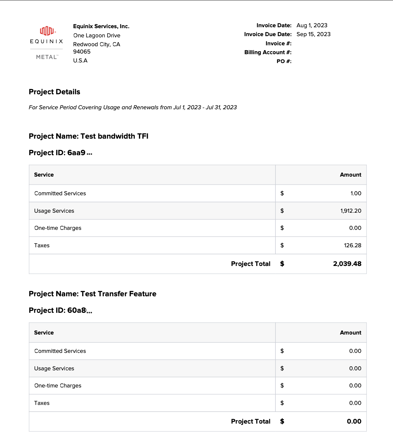 Example Invoice Page 2, Project Breakdown