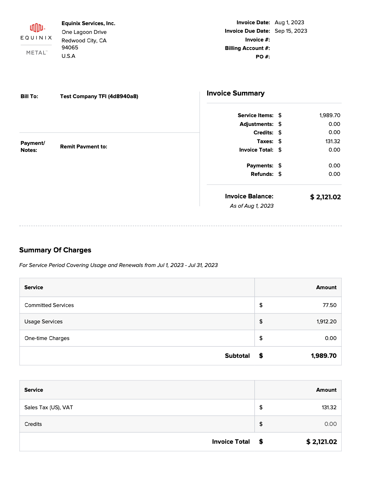 Example Invoice Page 1, Summary Page