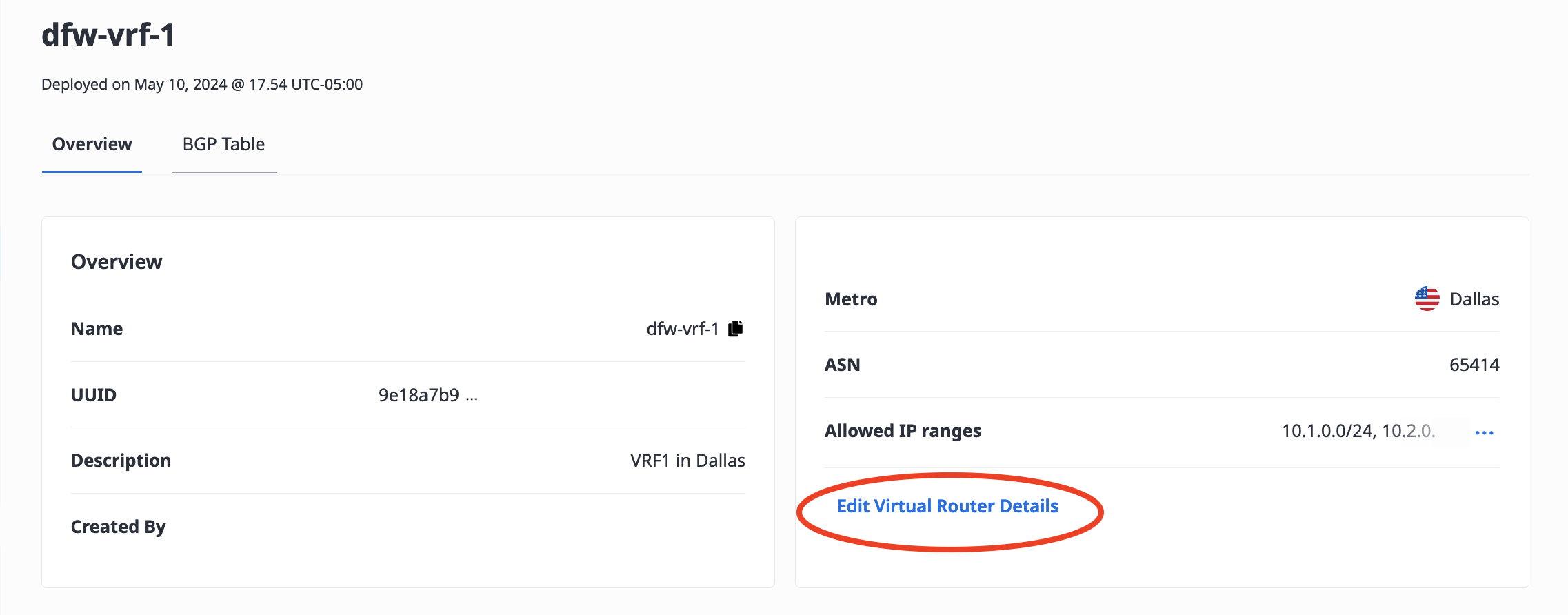 Edit Virtual Router Details in the Console