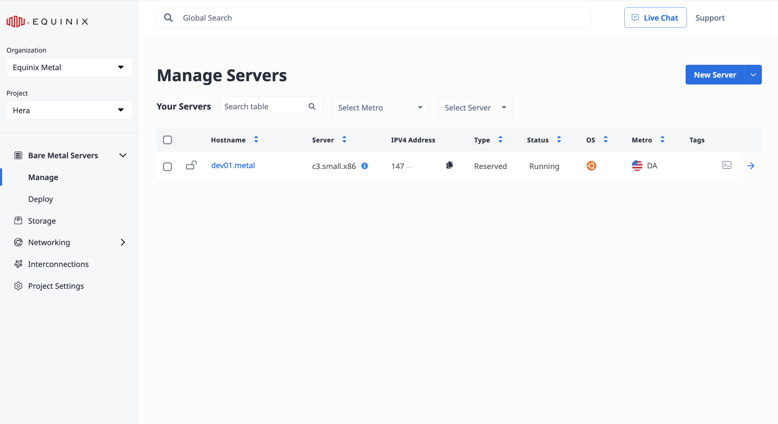 The Top-Level Manage Servers Page when You Enter a Project