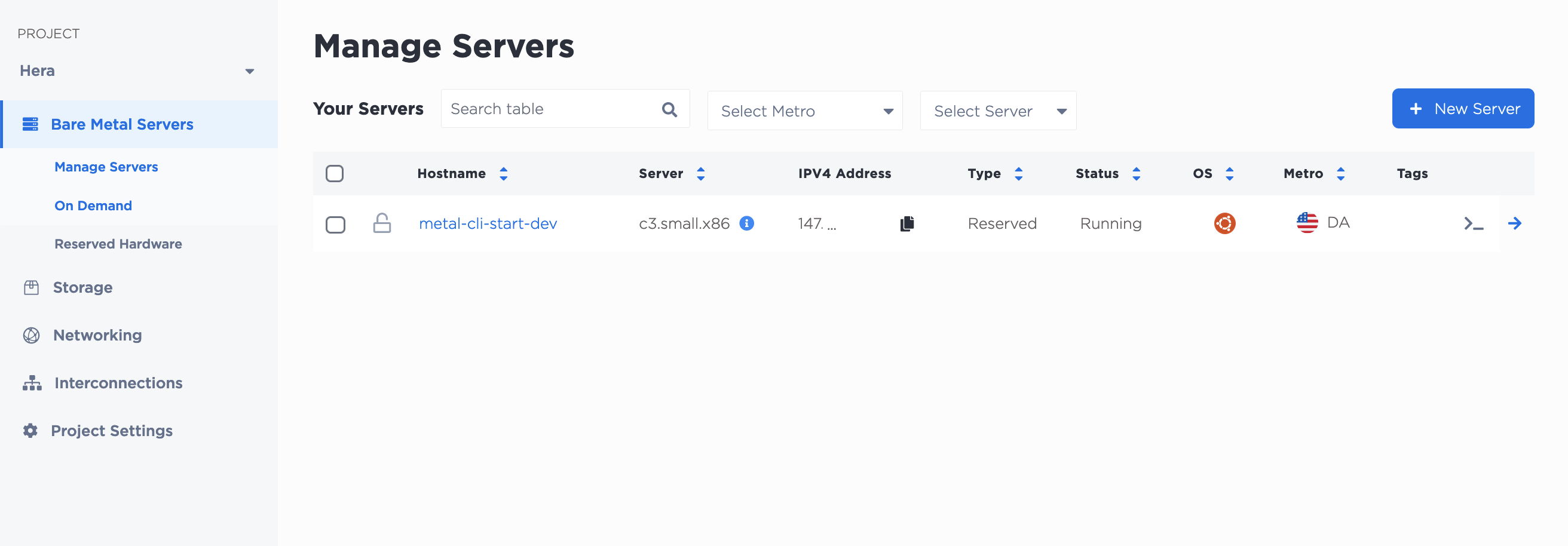The Top-Level Manage Servers Page when You Enter a Project