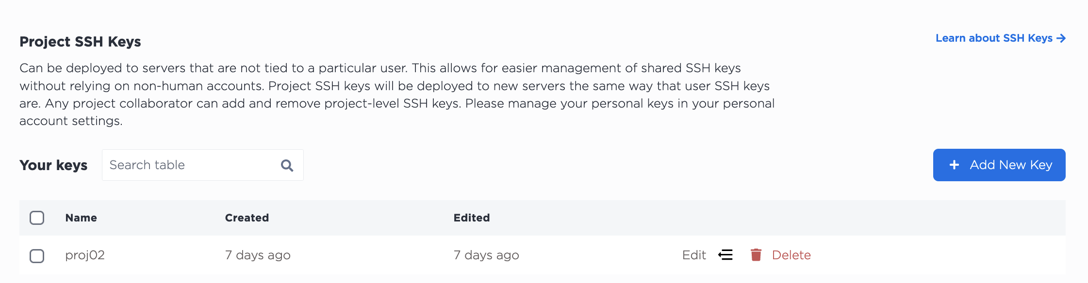 Deleting a Project SSH Key from the Console