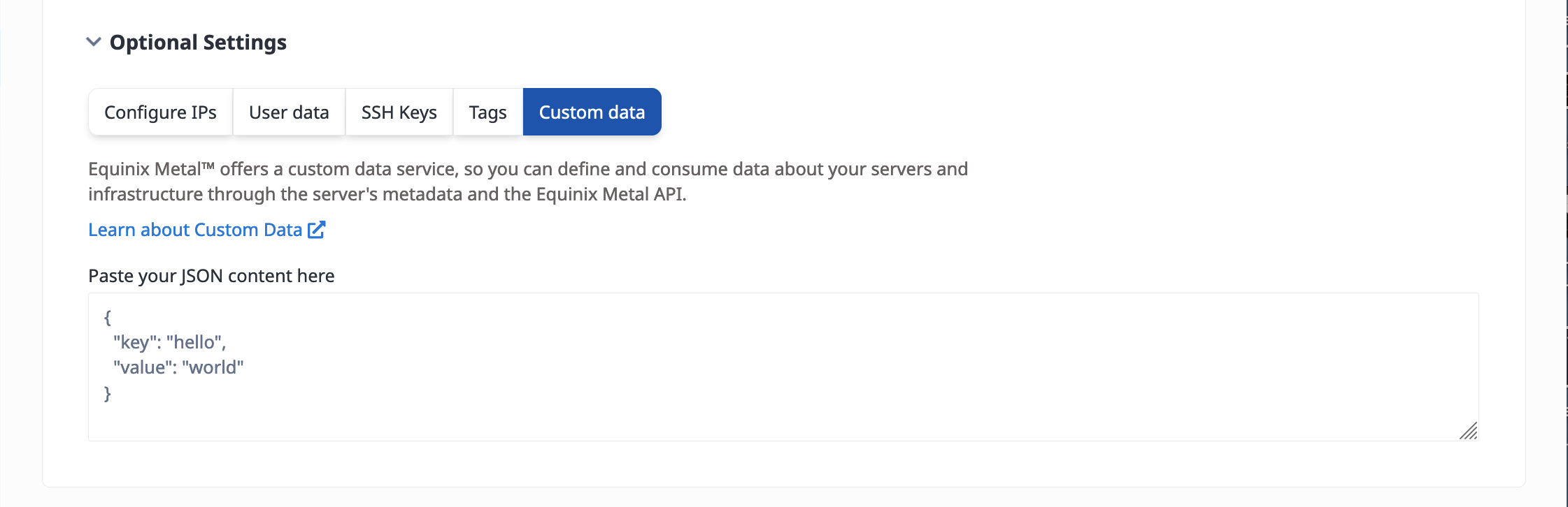 Custom Data Field in the Optional Settings in the Console