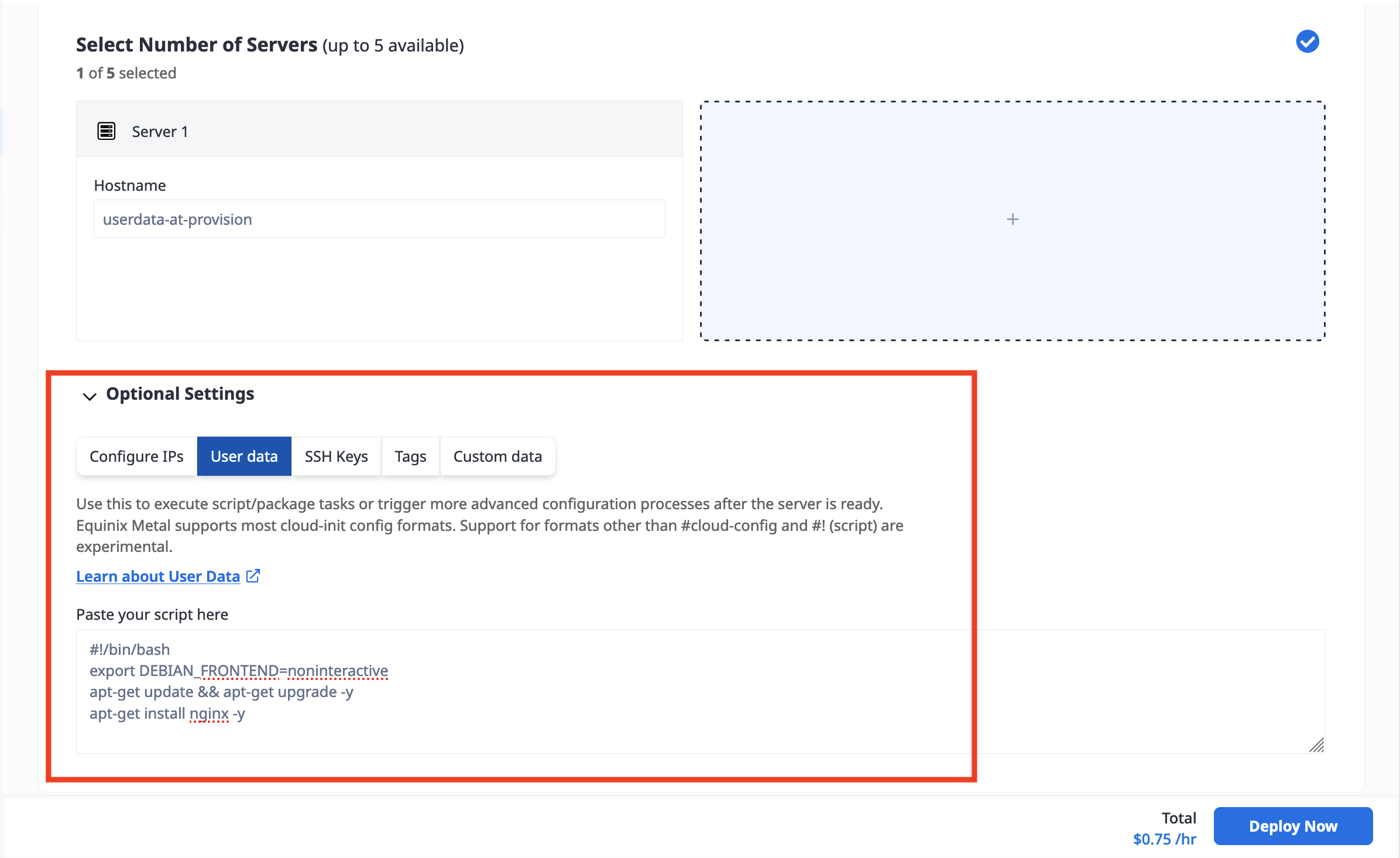 Example User Data Field when Provisioning