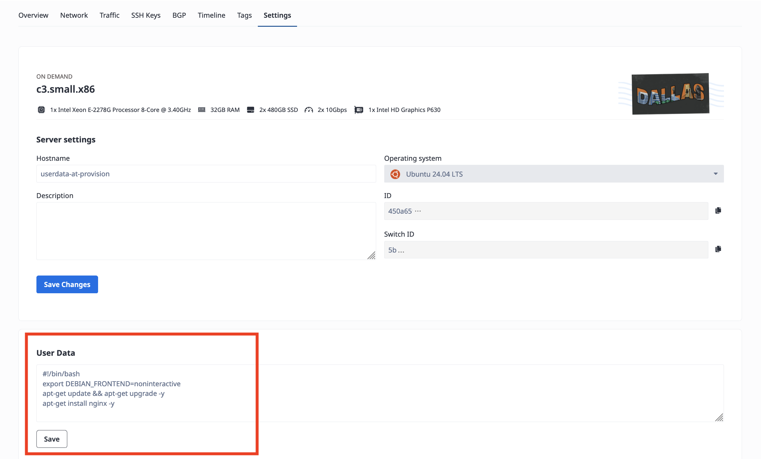 Example User Data field for a Server