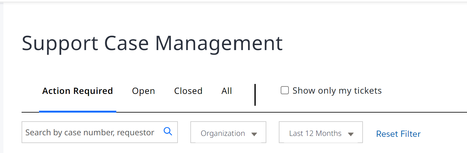 Support Case Management page with search and filter options