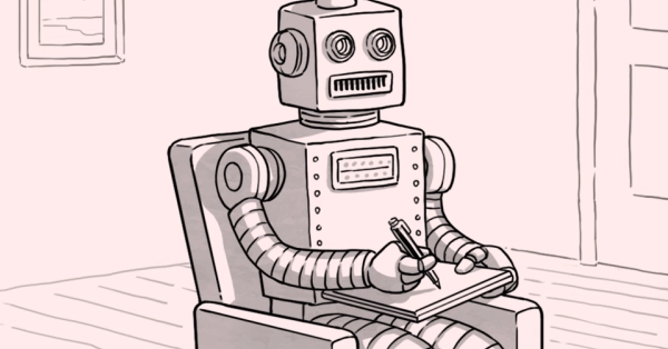 A cartoon-style illustration of a man having a psychotherapy session. He is lying in a reclining sofa chair with an unsettled face. The psychotherapist is a robot, most likely powered by AI, sitting next to the man, holding a pen and paper. The robot says: Can you tell me why you feel so anxious about A.I.?