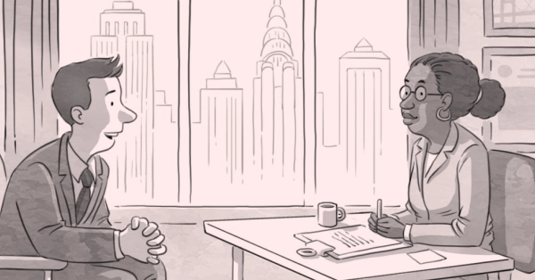 A cartoon-style illustration of a man explaining his talent at a job interview. The interviewer is taking notes and she appears to be flat-faced when the interviewee states, "I'd make a great SEO expert at this office, company, companies, business, corporation, enterprise, venture."