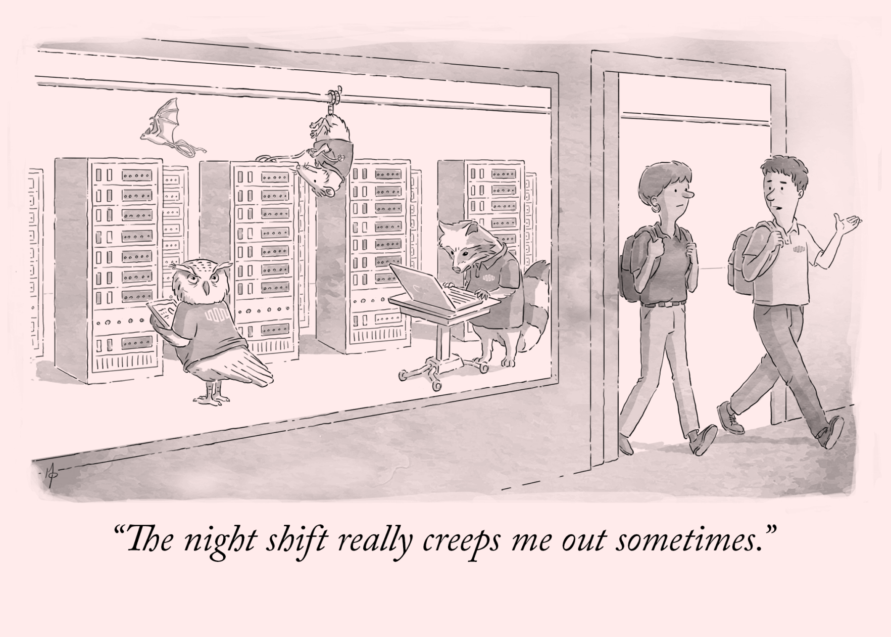 A cartoon-style illustration. Two people are having a conversation on their way out of a server room - which is full of night time animals working for Equinix. The caption reads: The night shift really creeps me out sometimes.