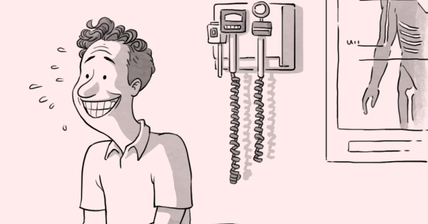 A cartoon-style illustration of a man going to the doctor. The patient is smiling yet concerned at the same time. The doctor is taking notes on her observations when she comments, "It looks like you have a pretty bad case of video conference smile immobility."