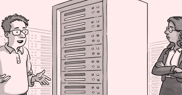 A cartoon-style illustration of two colleagues in a data center standing in front of a tall rack. The man on the left explains to the woman on the right: "These servers run our serverless computing service. We call it Schrödinger's Server."