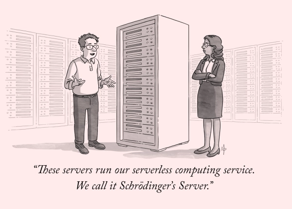 A cartoon-style illustration of two colleagues in a data center standing in front of a tall rack. The man on the left explains to the woman on the right: "These servers run our serverless computing service. We call it Schrödinger's Server."