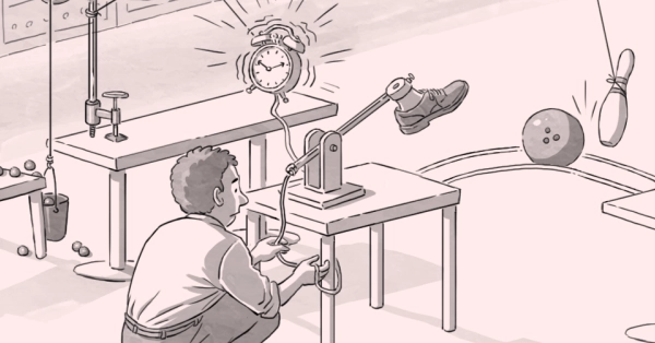A cartoon-style illustration of a woman watching her male colleague setting up a chain reaction in the data center hall. He has set up three tables, each table having sequences of house-hold objects tied to a trigger: a cup, a bucket of balls connected to a thread with scissors, and a vintage alarm clock connected to a shoe kicking a bowling ball that rolls into a bowling pin that triggers a boxing glove to push an auxillary jack on the server. The woman says: I'm not sure this remote-hands machine is scalable.