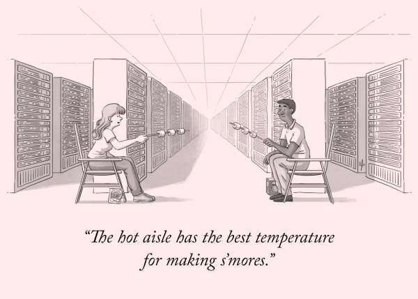 A cartoon-style illustration of a woman and a man sitting comfortably on their chairs, facing each other, while holding marshmallows. They are sitting at the end of server racks inside the data center. The woman says: The hot aisle has the best temperature for making s'mores.