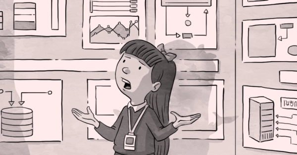 A cartoon-style illustration of a little girl explaining her science fair project to her teacher. Her board is full of network topography, servers, databases, and a dozen other charts. The teacher looked confused while listening to her explanation: "It's simple; just initiate the a3.xlarge deployment on the VCF OS by adding a new VLAN to the ethO interface."