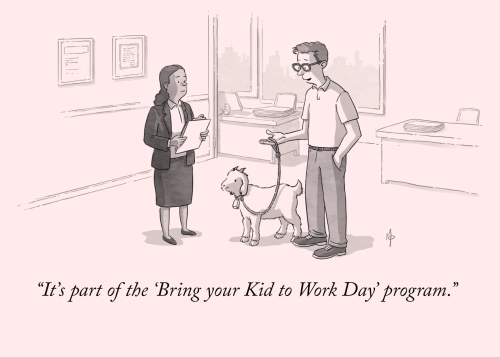 A cartoon-style illustration of a man brings a small goat, with a bell on its neck and on leash, to his office. A worried-faced coworker woman confronts him while he explains, "It's part of the 'Bring your Kid to Work Day' program."