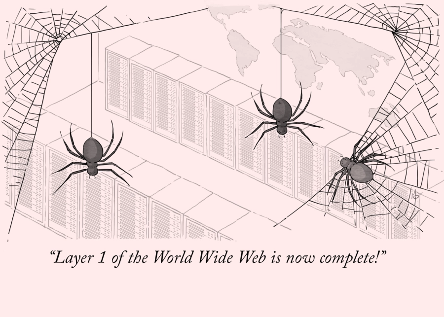 A cartoon-style illustration of three spiders installing web networks on the ceiling of a data center. On the ground, there are several server racks and a world map illustration hanging on the wall. An announcement is made: "Layer 1 of the World Wide Web is now complete!"