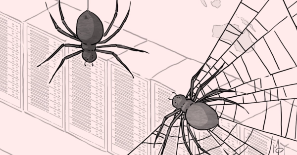 A cartoon-style illustration of three spiders installing web networks on the ceiling of a data center. On the ground, there are several server racks and a world map illustration hanging on the wall. An announcement is made: "Layer 1 of the World Wide Web is now complete!"