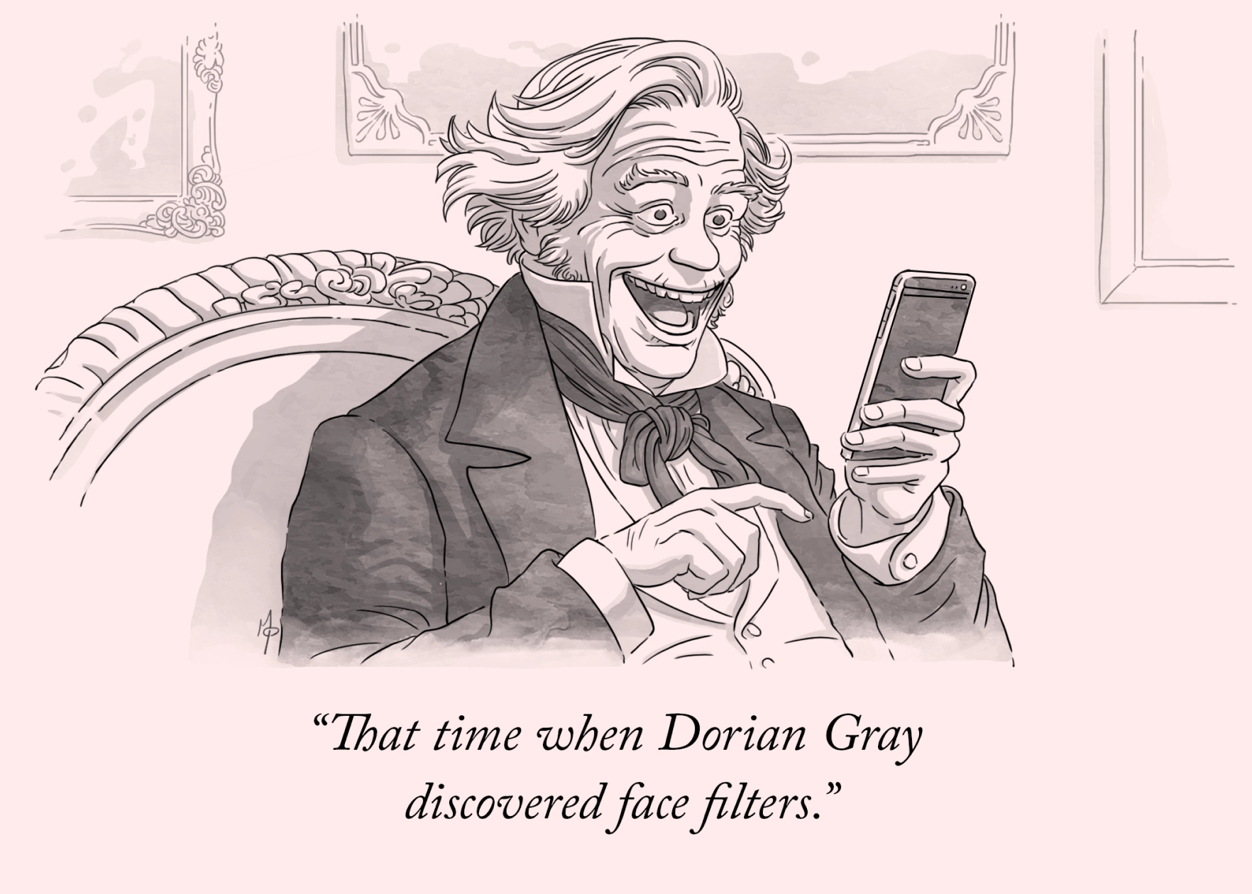 A cartoon-style illustration of an old man in victorian clothes. He's smiling broadly as he looks at a smart phone. Behind him you can see portrait painting with ornate frames. The description of the scene says, "That time when Dorian Gray discoverd face filters."