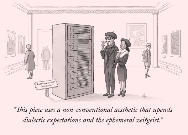 A cartoon-style illustration of a woman and man in a museum standing in front of a tall server rack with title card: "Postmodernism Generator". They are both in cocktail attire, holding a cocktail glass. In the art gallery, there are several paintings hanging on the back wall. They are studying the server rack: "This piece uses a non-conventional aesthetic that upends dialectic expectations and the ephemeral zeitgeist."