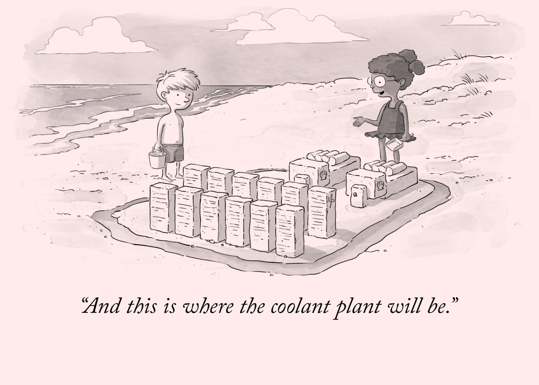 A cartoon-style illustration of a girl holding a shovel and a boy holding a bucket on the beach. They are having fun building a sand data center. The girl is explaining her plan to the boy while she points two sand objects in front of her: And this is where the coolant plant will be.
