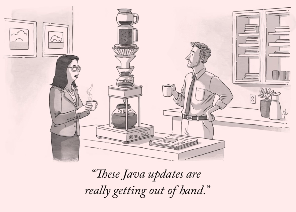 A cartoon-style illustration of a woman and a man looking astonished as they inspect the coffee station in the office pantry. There are at least five coffeemakers stacked on top of one another. The coffee extraction process begins at the top tower with a simple coffee machine, followed by a customized french press, numerous modified filtered coffees, and finally ends in a jar. The tower has a Java logo. The woman comments, "These Java updates are really getting out of hand."