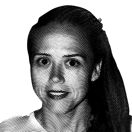 Halftone black and white image of Leah DeTiberus