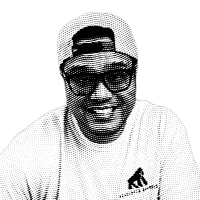 Halftone black and white image of Chris Sean