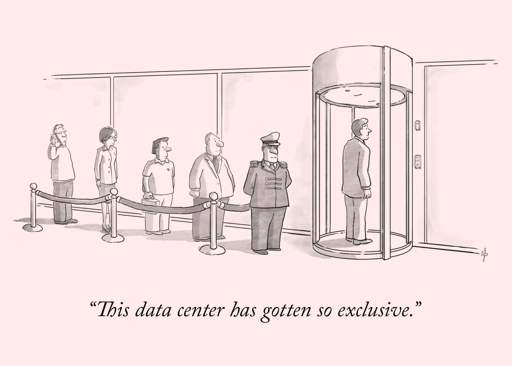 A cartoon-style illustration. This is a line outside a data center with a fancy looking doorman and velvet rope. The caption reads: This IBX has gotten so exclusive.