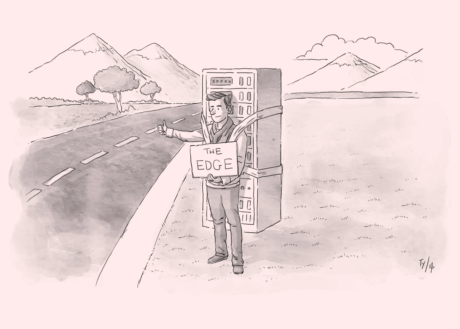 A cartoon-style illustration. A man hitch-hiking near a road, with a server block strapped to his back. He has a sign the reads The Edge.
