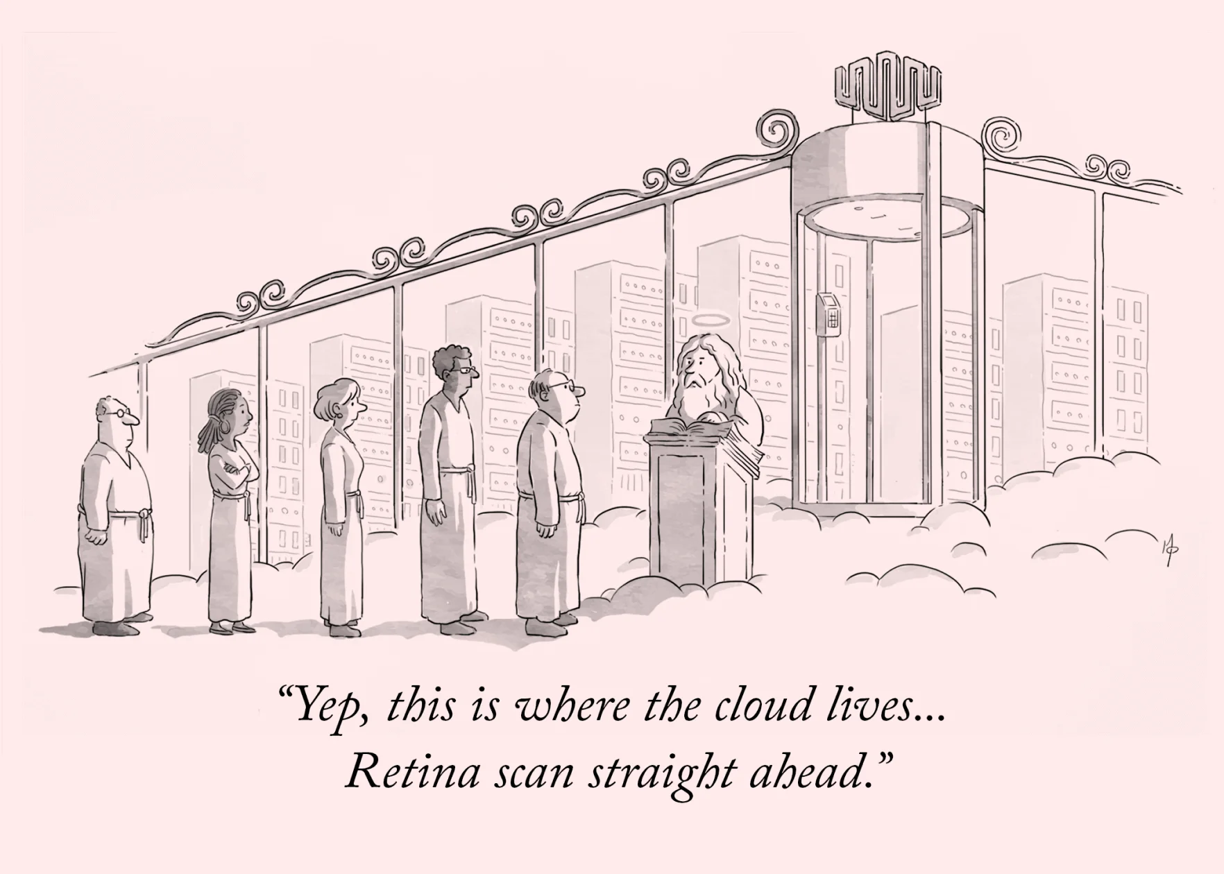 A cartoon-style illustration of a line of people waiting to enter a data center in a literal cloud via Equinix Pearly Gates. St. Peter is guarding the entrance. The caption reads: Yes, this is where the cloud lives... Retina scan this way.