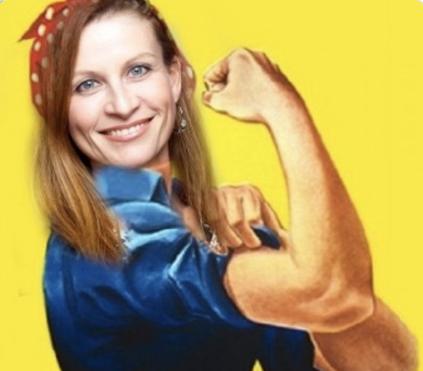 Linda's face edited to an illustration of person flexing bicep.