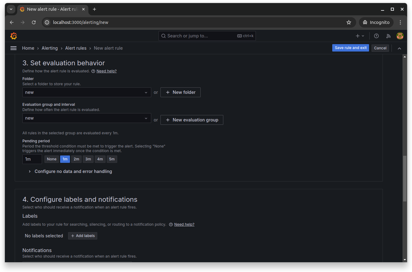 Grafana alert rule evaluation configuration