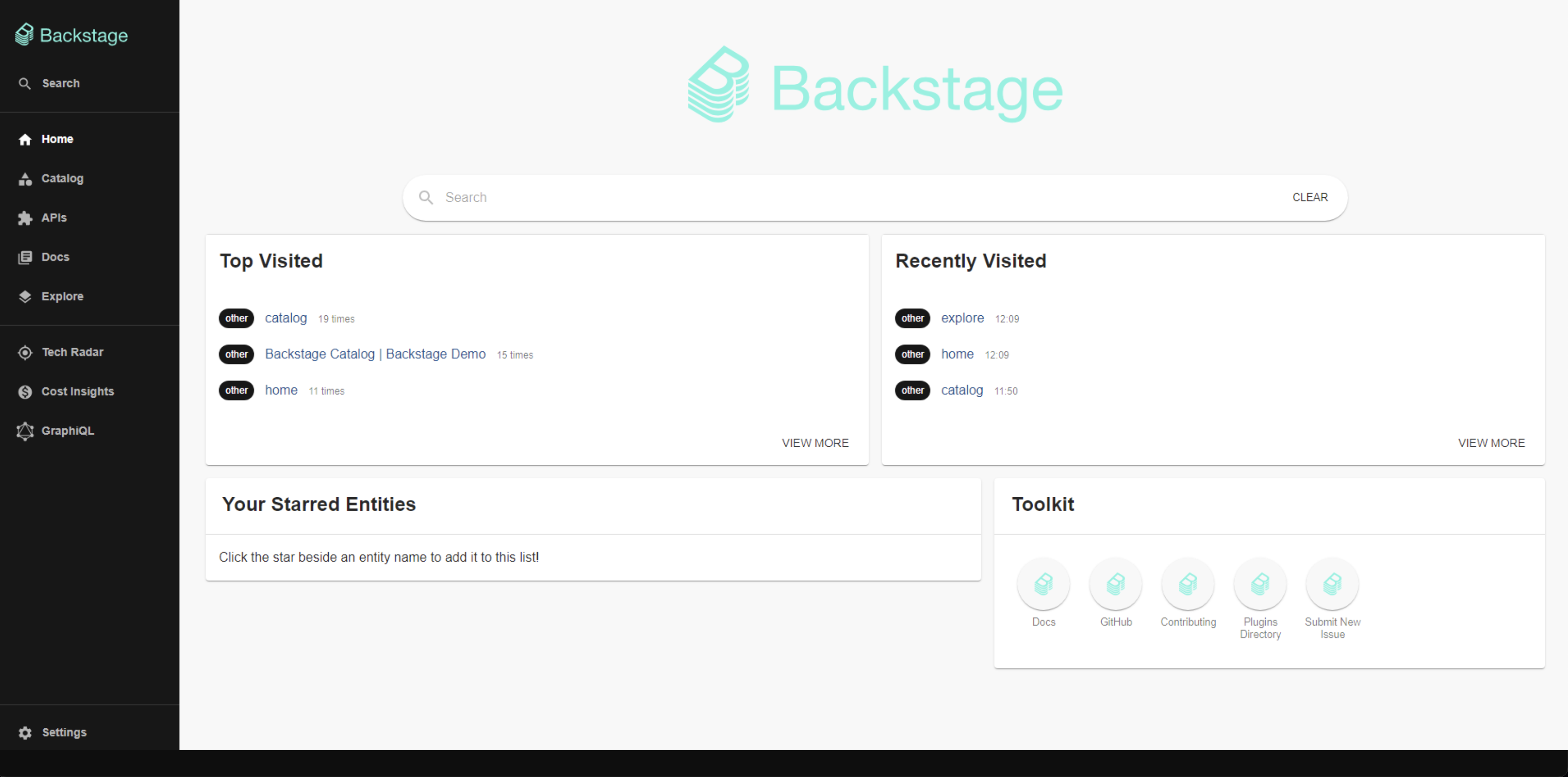 Backstage demo portal homepage