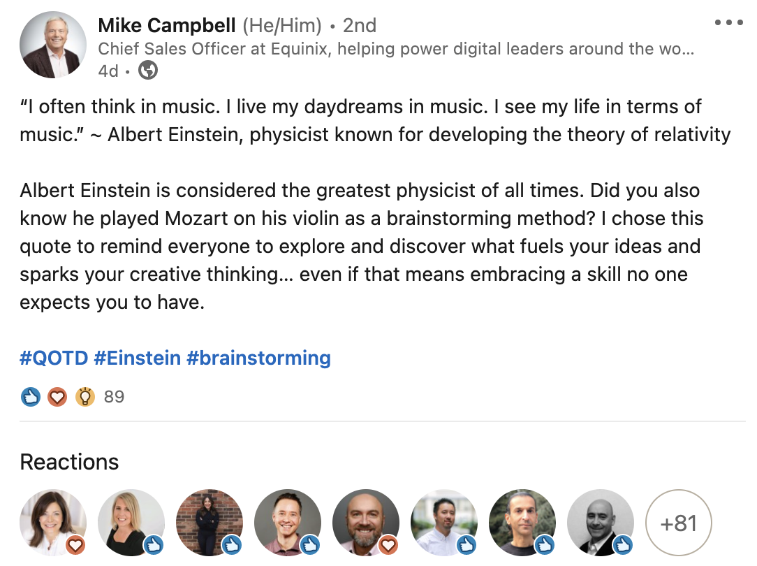 Mike Campbell's speaks about creativity on LinkedIn