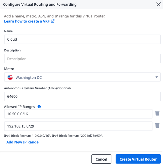 Create VRF settings