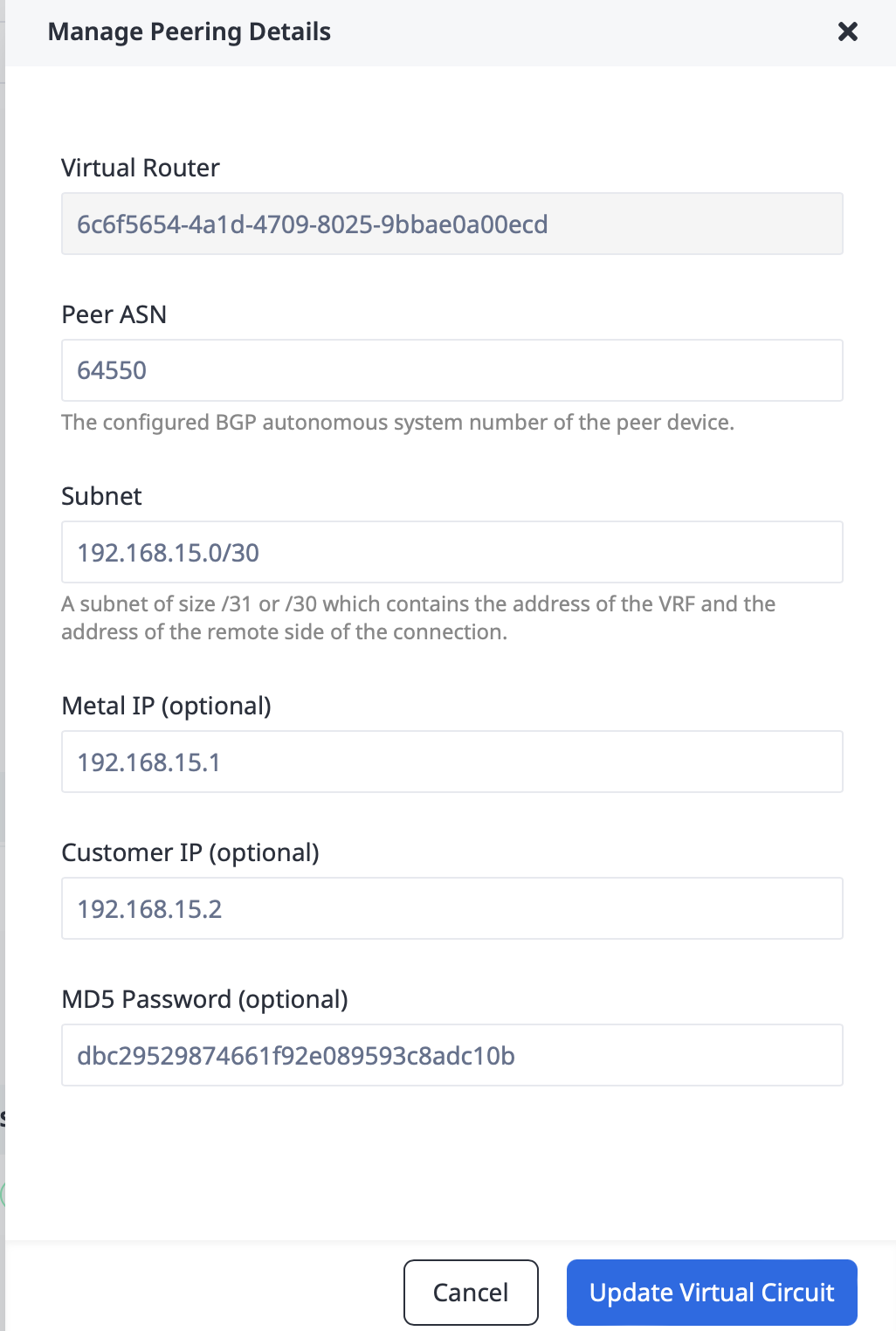 Manage Peering Details Primary