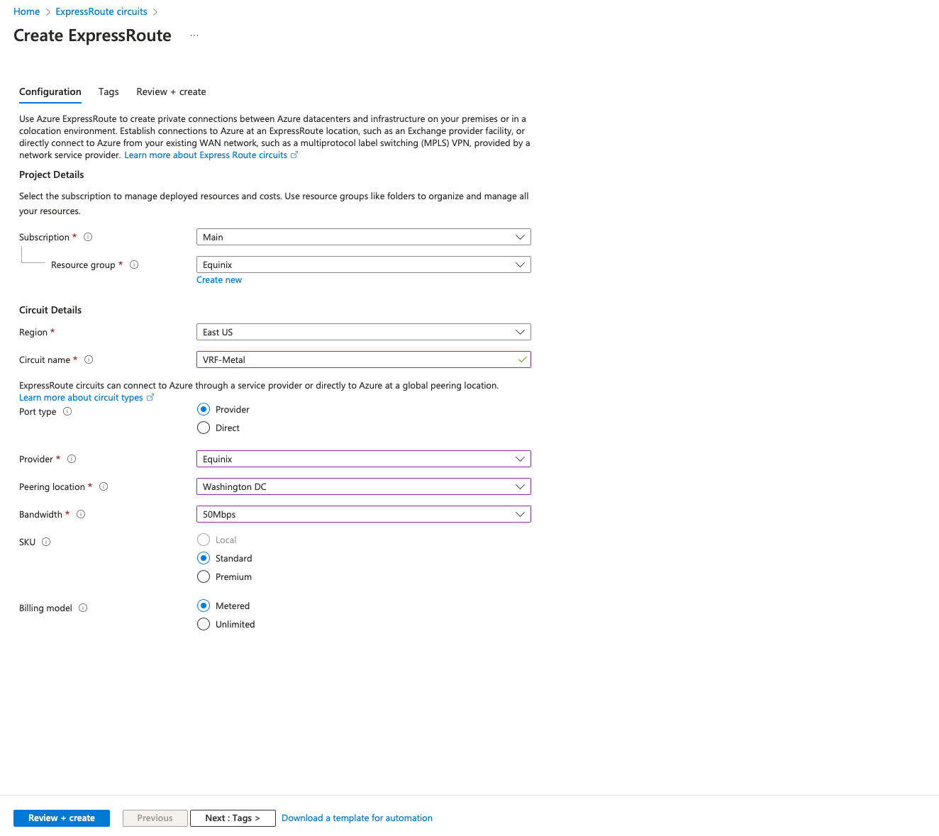 Create ExpressRoute Circuit Details