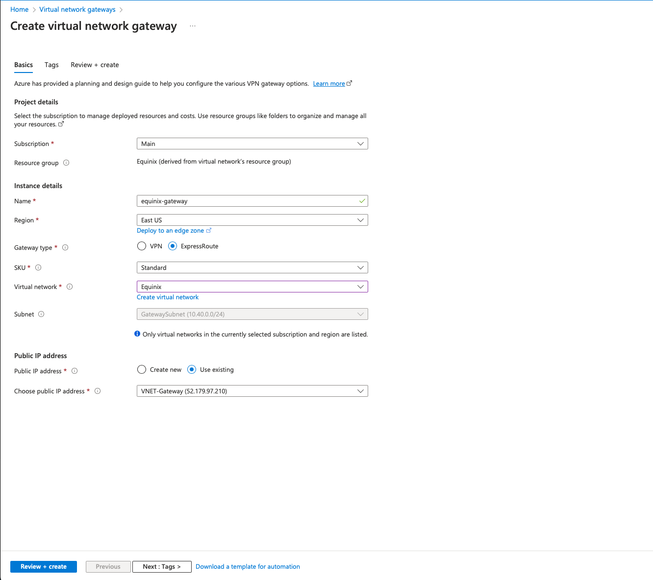 Create Virtual Network Gateway Details