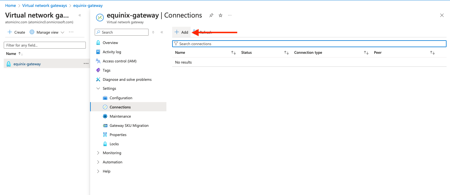 Virtual Network Gateway Connections + Add