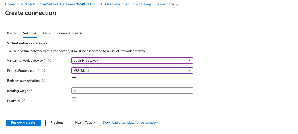 Create Connection Settings