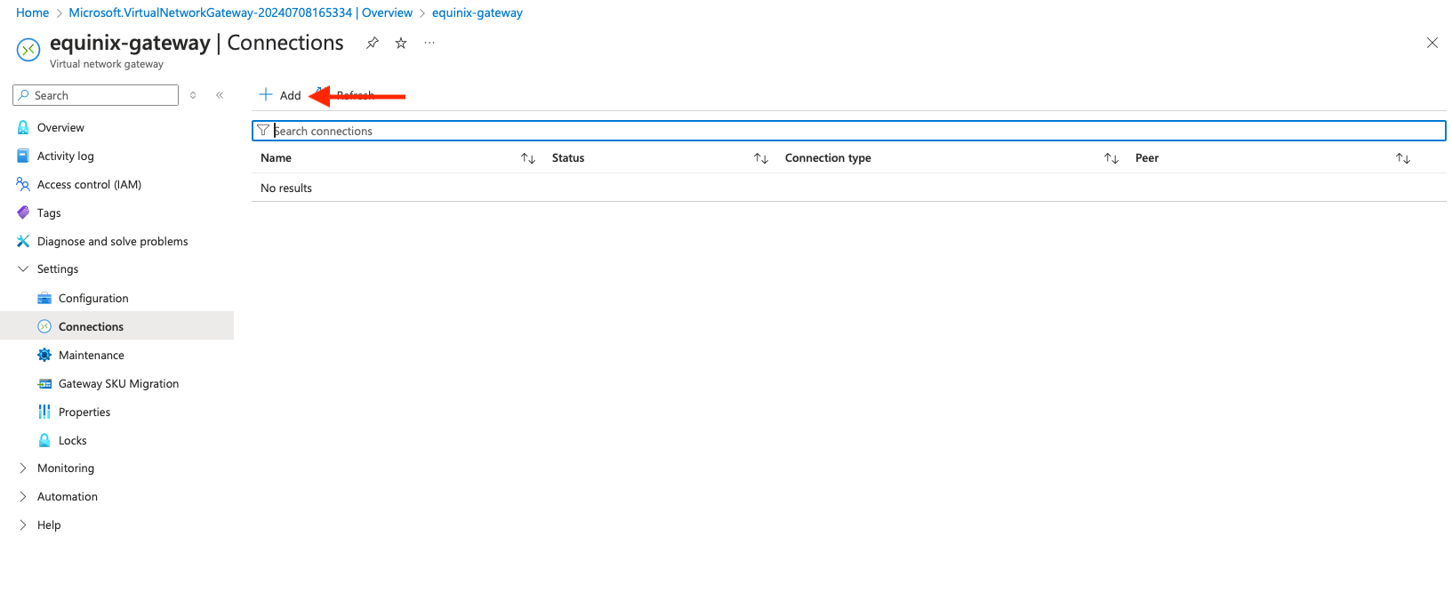 Virtual Network Gateway Connections + Add