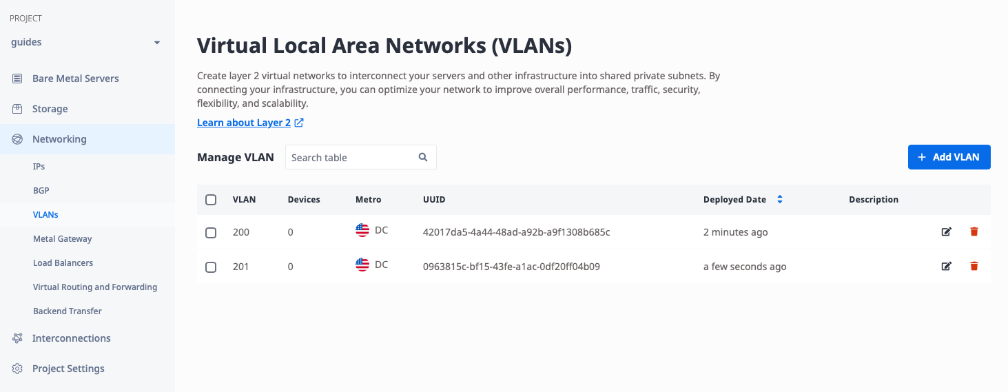 VLANs in the same metro displayed in the console