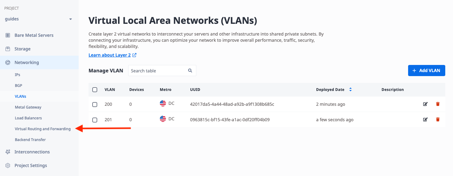 Select VRF from the navigation menu