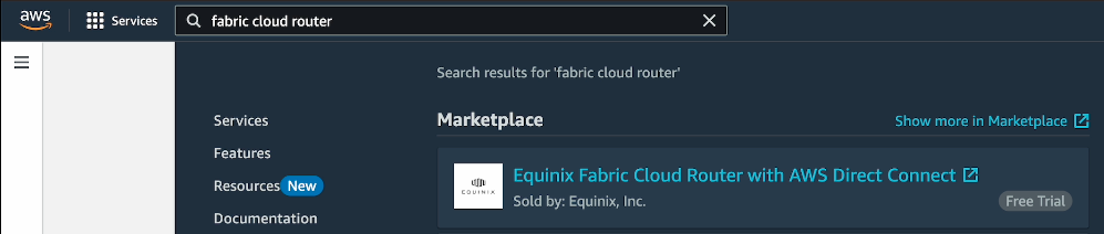 The AWS Cloud Console with the search bar containing the search term "fabric cloud router" and the result in question highlighted