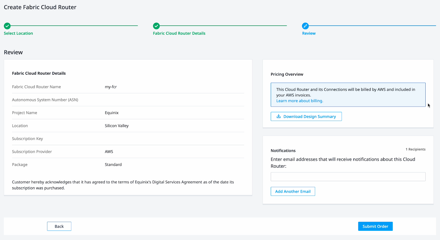 The Create Fabric Cloud Router Review page. It is step 3 of a 3 step process. The details and selection from the previous two screens is in a box, with the unit's autonomous system number and subscription key redacted. Another box titled Pricing Overview notes, "This Cloud Router and its Connections will be billed by AWS and included in your AWS invoices." There's a box below that titled Notifications with an empty box for email addresses that will receive notifications about this Cloud Router. Finally, there's a button labeled Submit Order at the bottom.