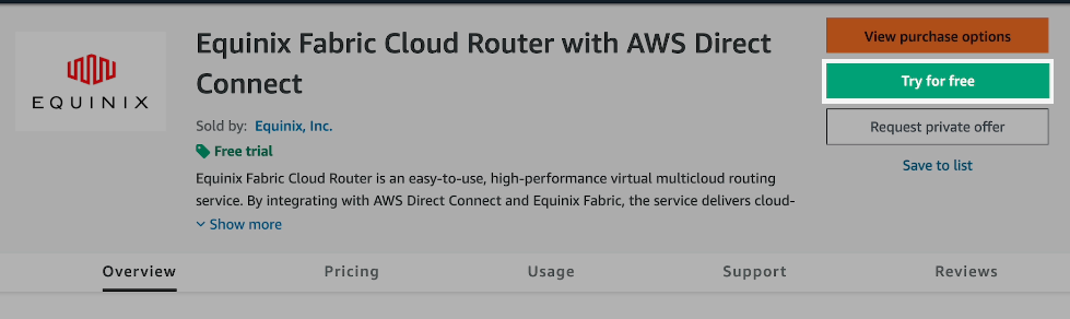 The AWS Marketplace listing for Equinix Fabric Cloud Router with AWS Direct Connect with the Try For Free button in the top right highlighted