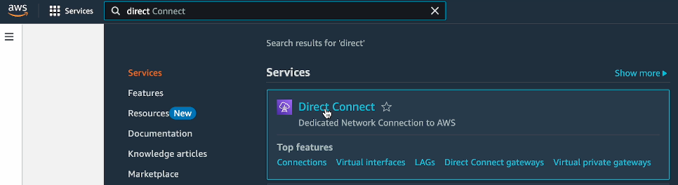 The AWS Cloud Console with the search bar containing the search term "direct connect" and the result in question highlighted