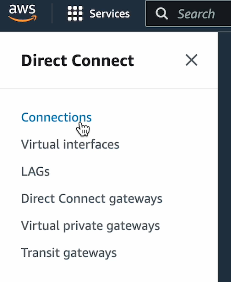 The Direct Connect menu in the AWS Console, with the Connections entry highlighted